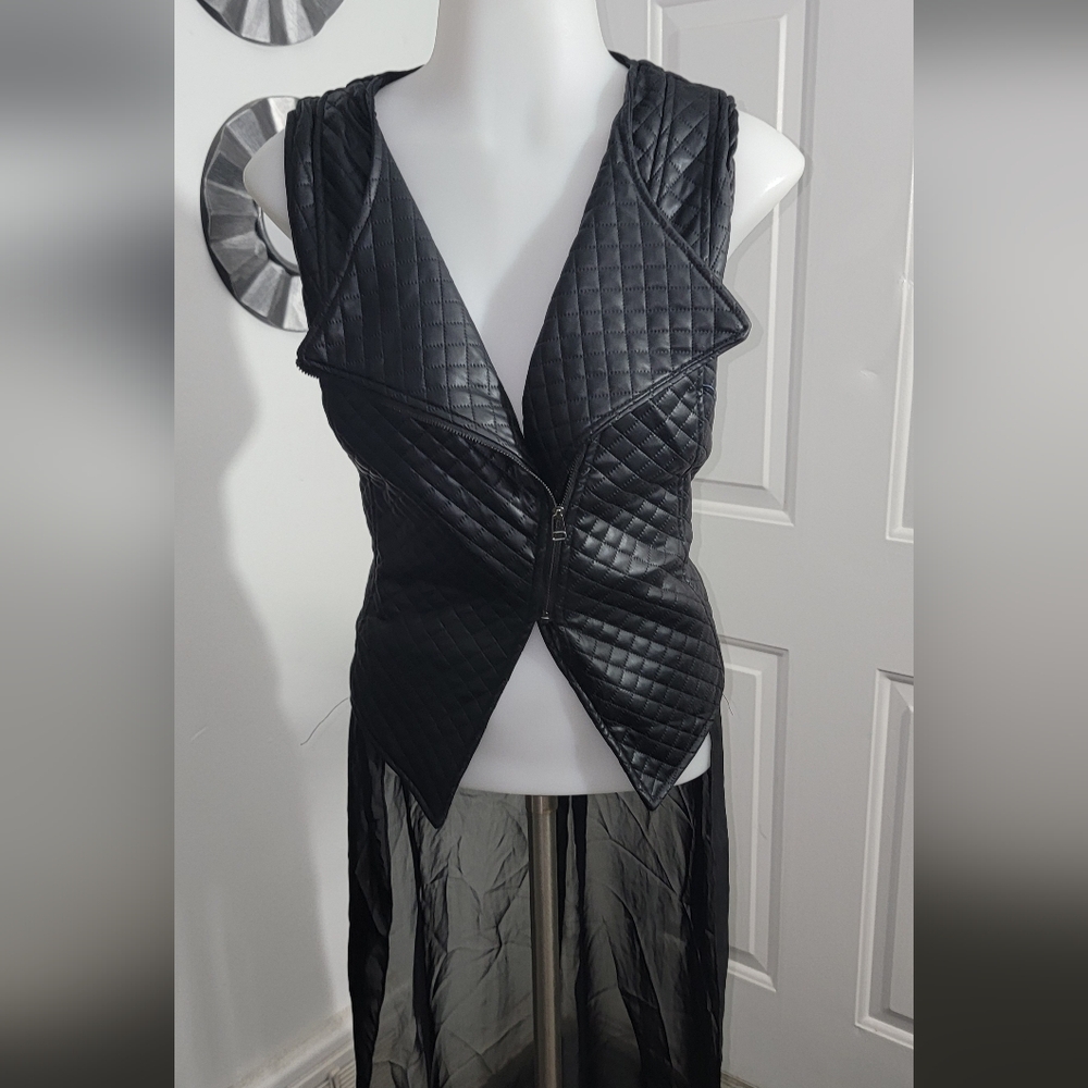 Sleeveless Faux Leather Sheer Tail  Full Zip High Low Vest Size Large